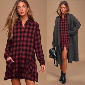 NWT LULUS Large Blissful Weekend Burgundy Plaid Long Sleeve Shirt Dress